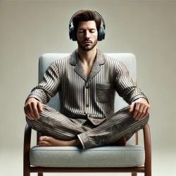 DALL·E 2024-06-18 16.23.03 - A realistic image of a man in a relaxed, zen position. He is sitting comfortably in a chair, wearing luxury pajamas and headphones. The background is